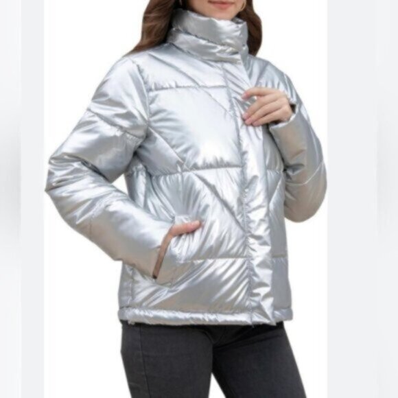 Steve Madden Metallic Silver Downtown Bomber Puffer Jacket NWT Sz Small - Picture 3 of 12
